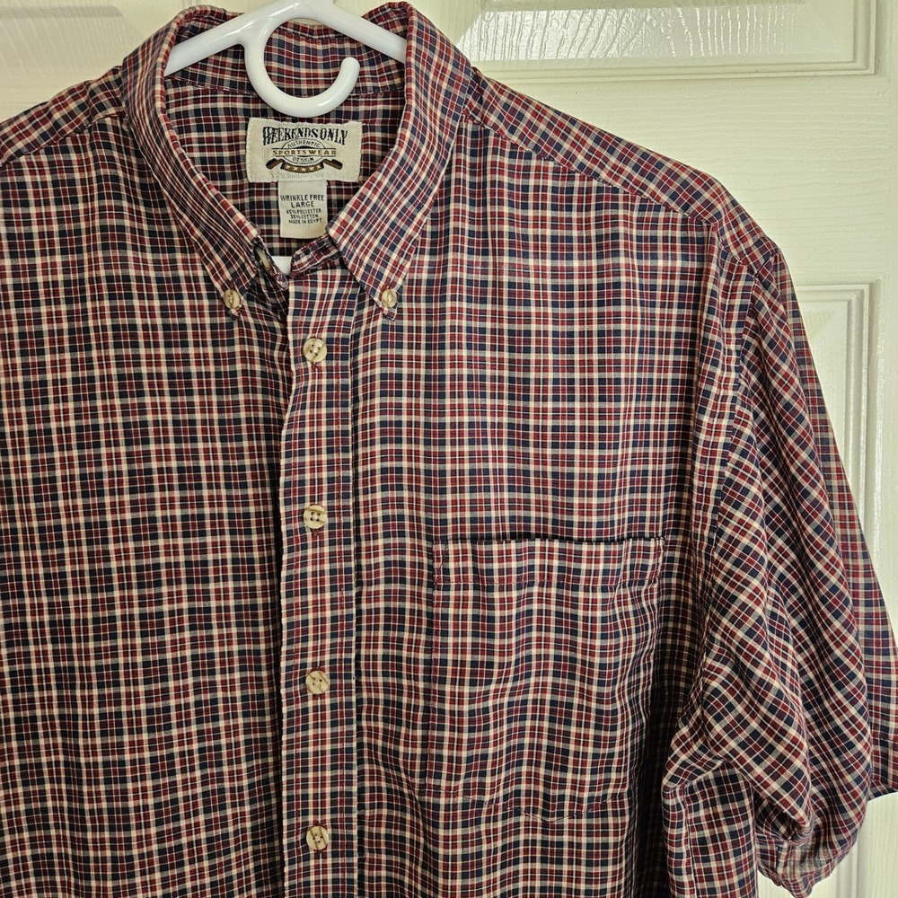 Weekends Only Men Large Plaid Button Down Short Sleeve Casual Shirt Wrinkle Free